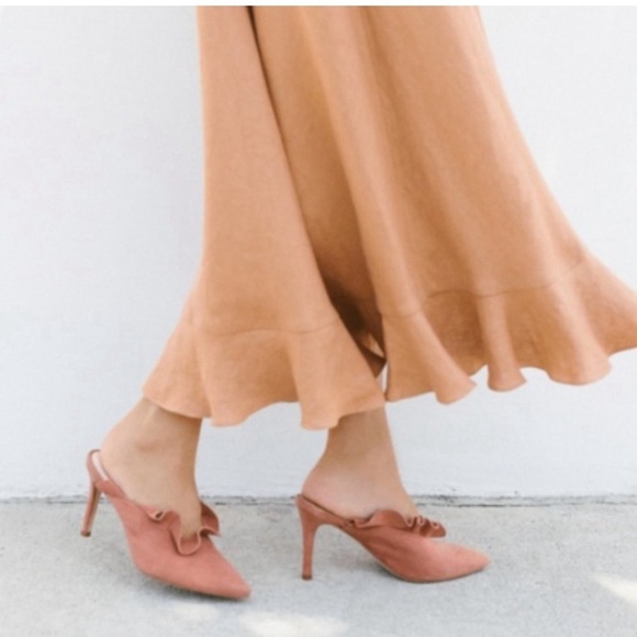Loeffler Randall Langley Heel Suede Ruffle Mules Dusty Rose - Picture 2 of 7